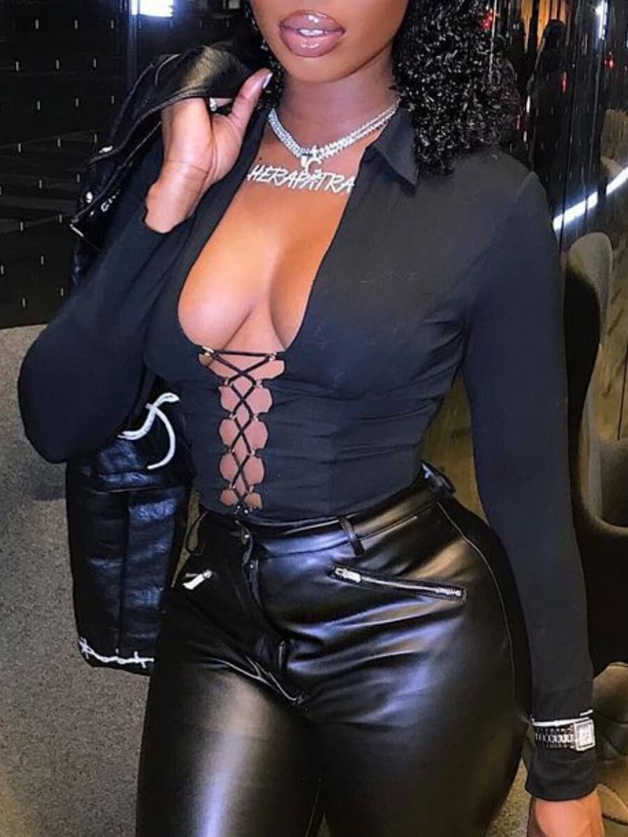 

Lovely Sexy Bandage Hollow-out Design Black T-shirt