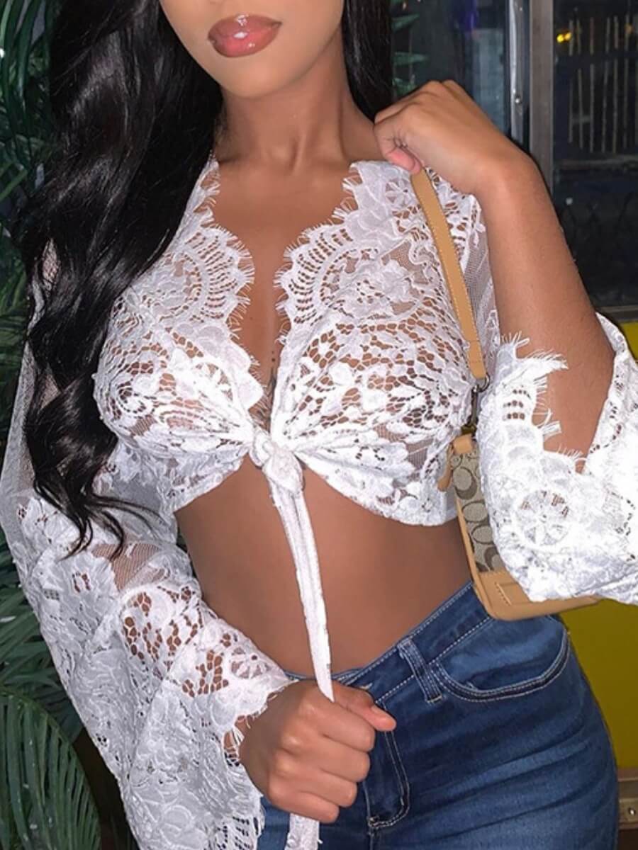 

Lovely Sexy Flared Mesh Bandage Design White Blouse
