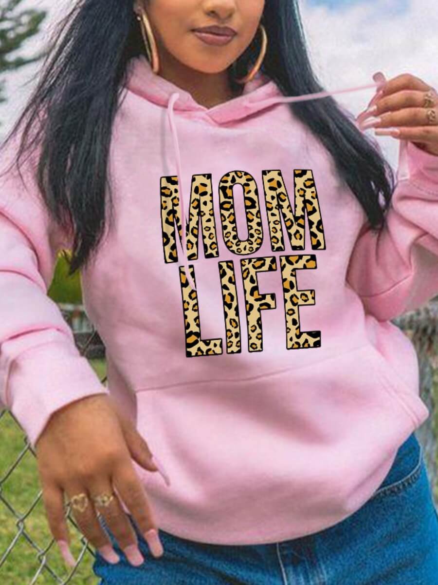 Lovely Street Hooded Collar Leopard Letter Print Pink Hoodie