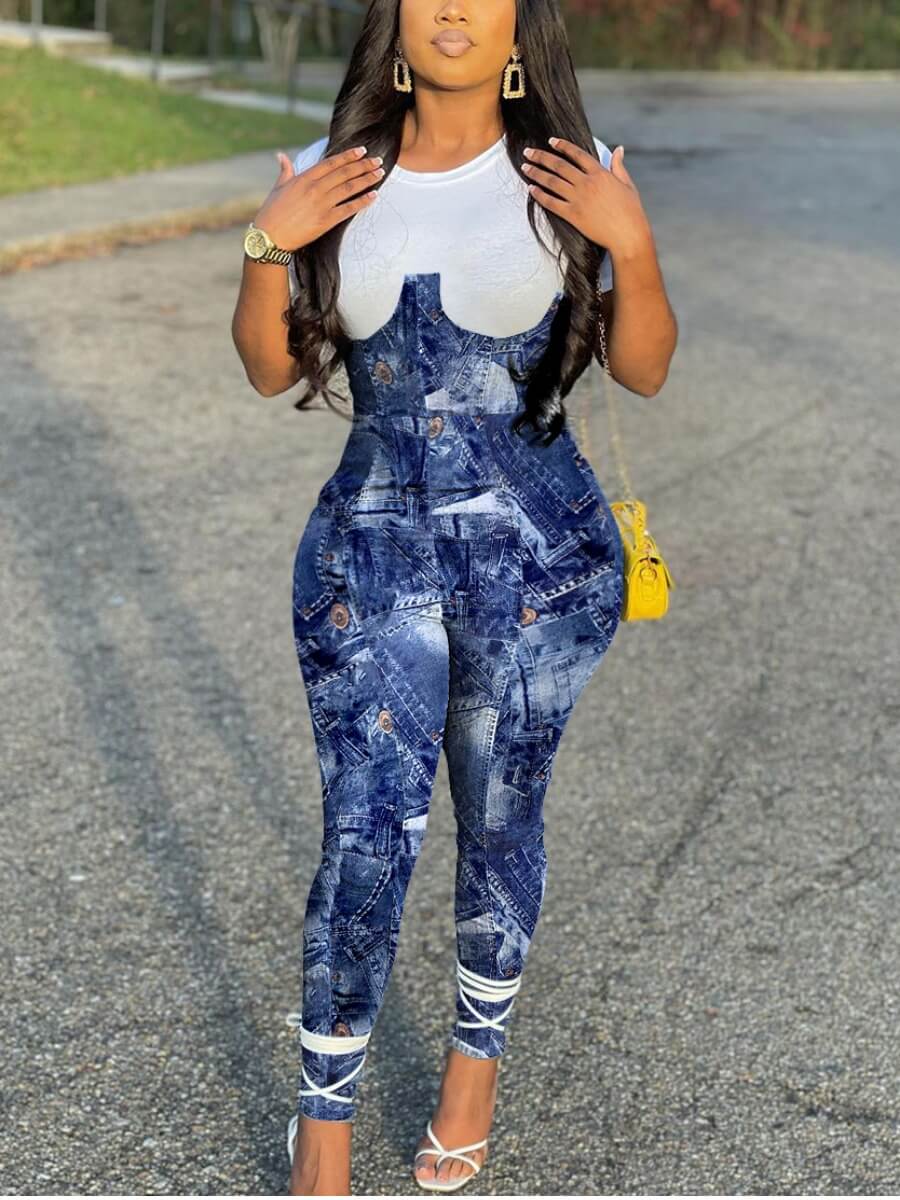 

Lovely Sweet O Neck Tie-dye Patchwork Blue One-piece Jumpsuit
