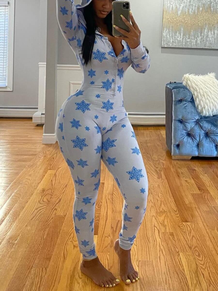 

Lovely Casual Hooded Collar Snowflake Print Blue One-piece Jumpsuit(No-positioning Printing