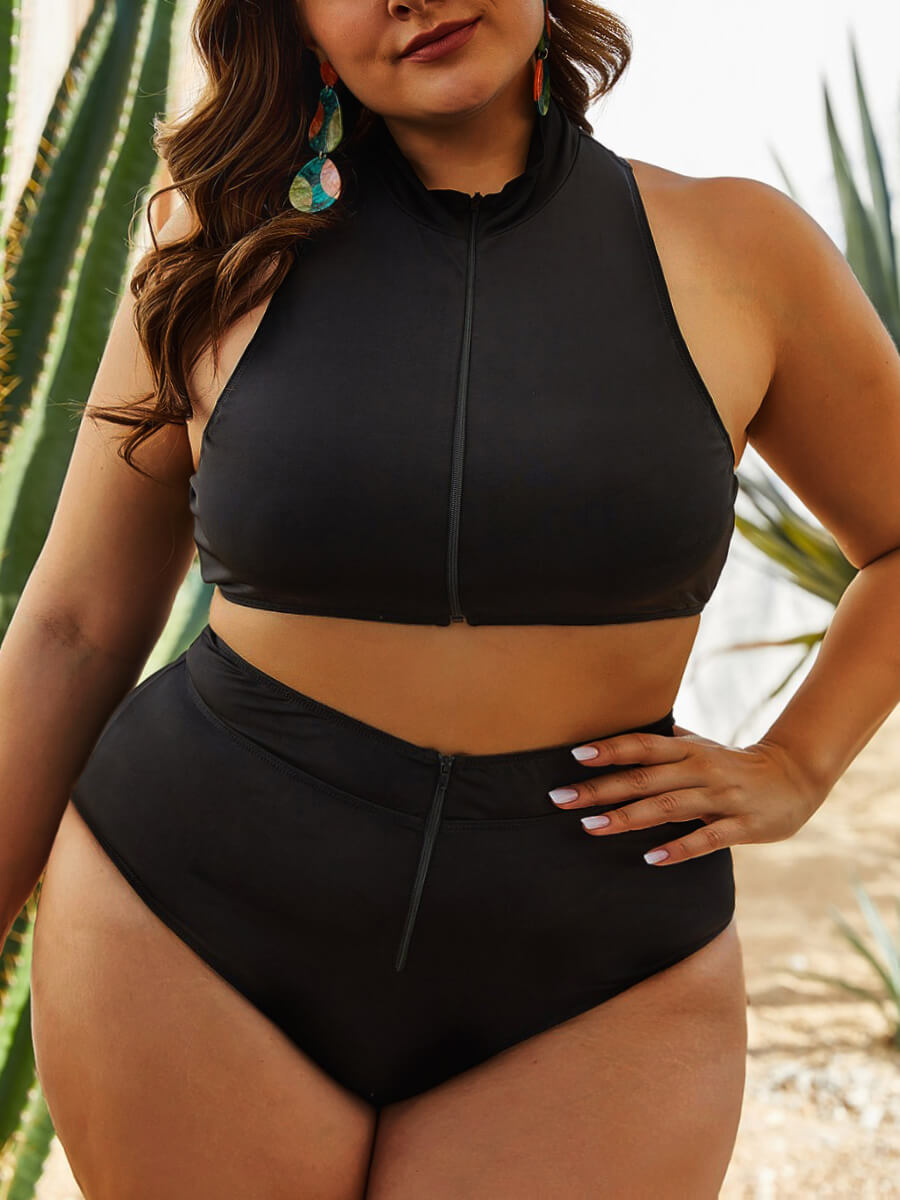 

Lovely Plus Size Casual Mandarin Collar Zipper Design Black Tankini