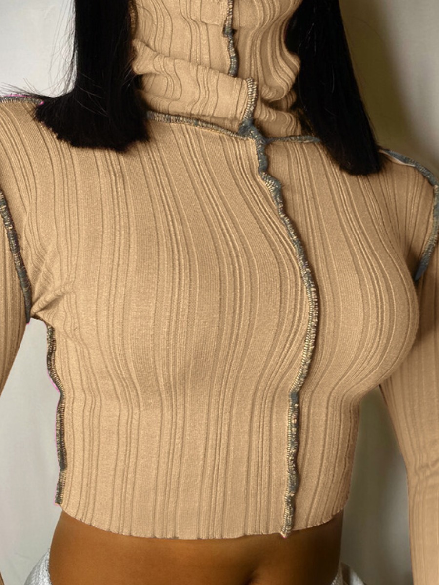 

Lovely Casual Turtleneck Striped Light Tan T-shirt