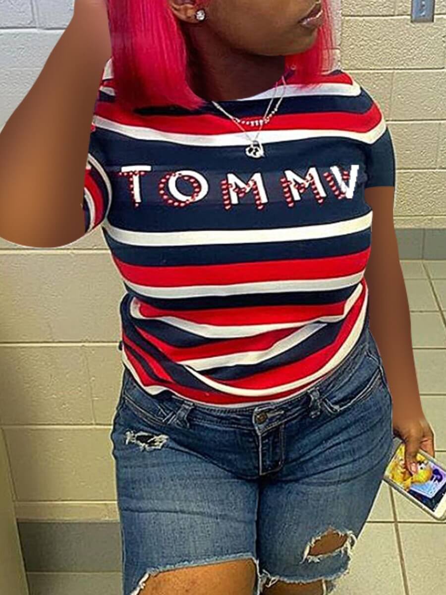 

Lovely Trendy Letter Print Striped Black T-shirt