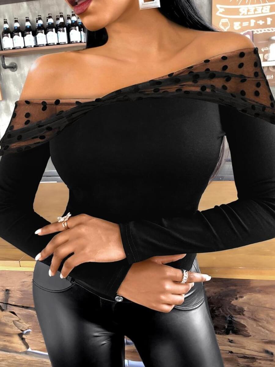 

Lovely Sexy Off The Shoulder Dot Mesh Patchwork Black T-shirt