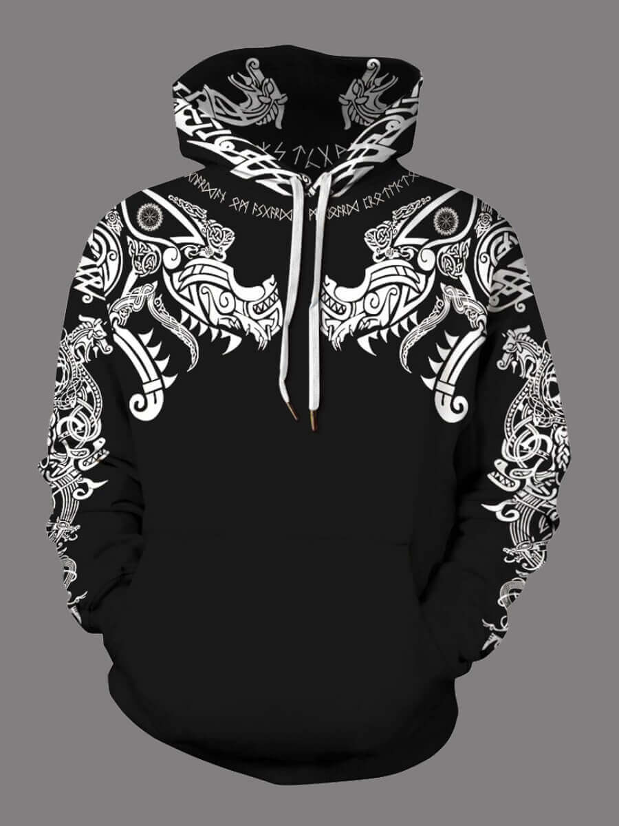 

Lovely Casual Dragon Print Kangaroo Pocket Black Men Hoodie