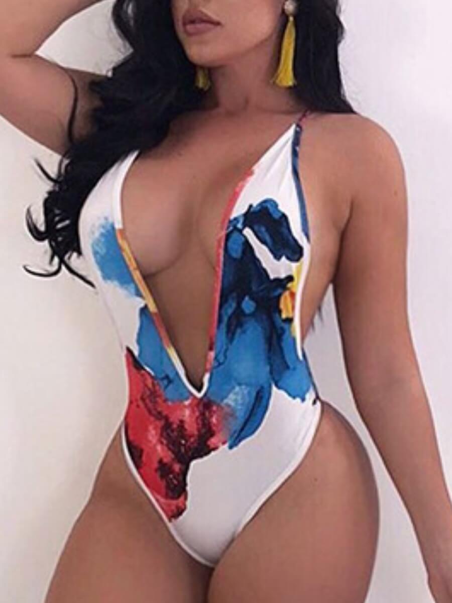 

LW Deep V Neck Print Patchwork One-piece Swimsuit, White