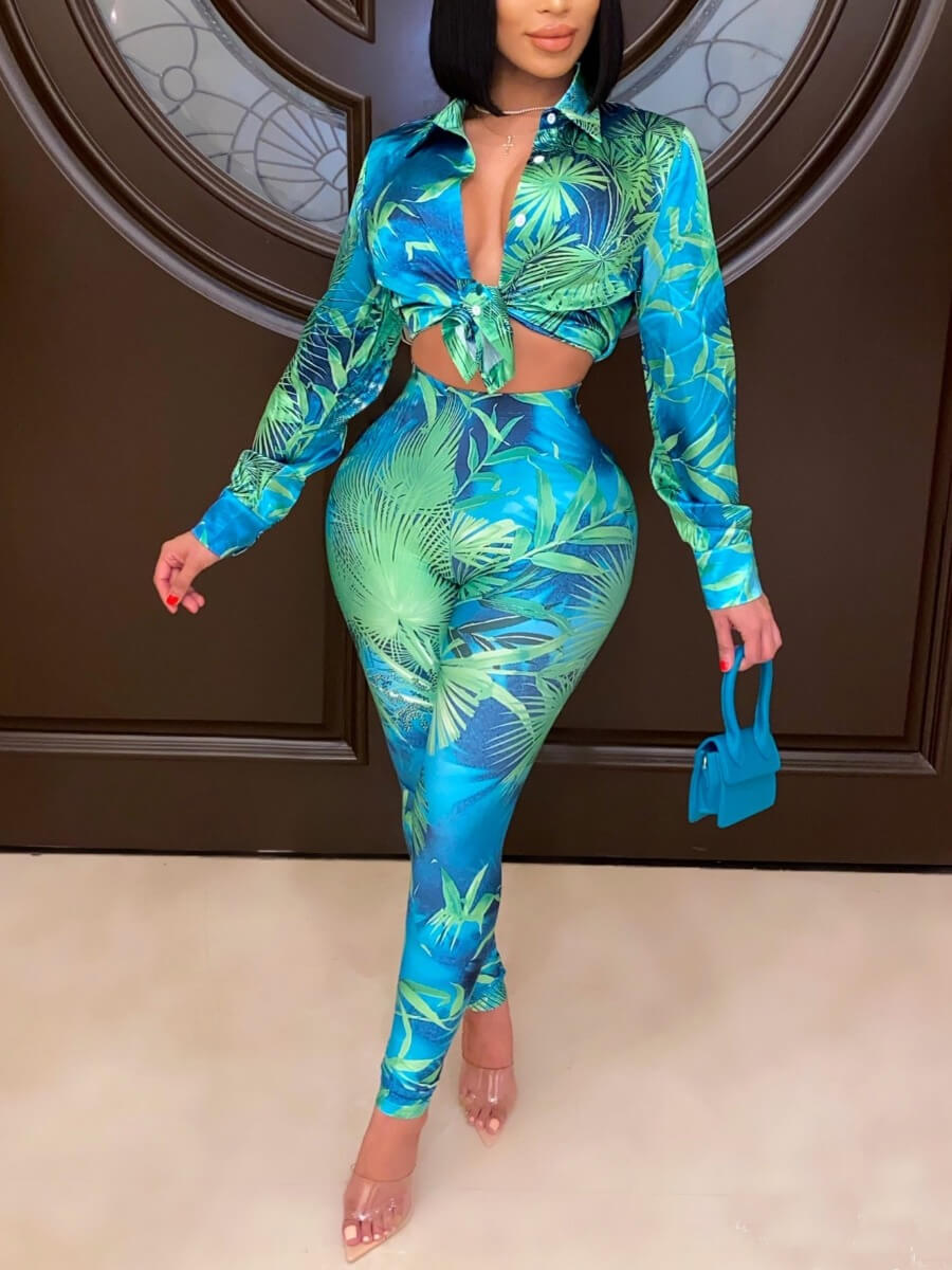

Lovely Formal Floral Print Button Design Cyan Two Piece Pants Set
