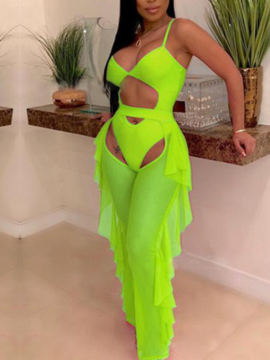 

LW Hollow-out Flounce Design One-piece Swimsuit, Green
