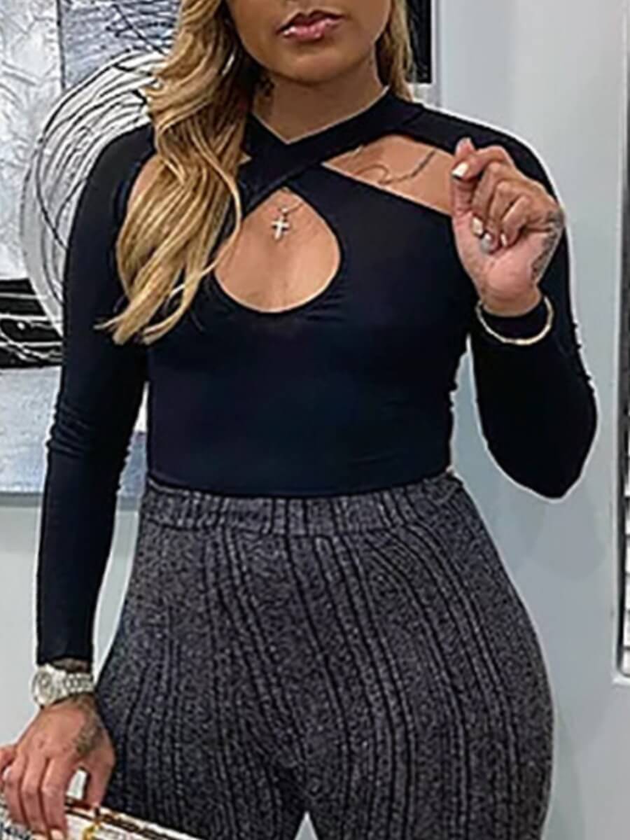 

Lovely Chic O Neck Hollow-out Black Plus Size T-shirt