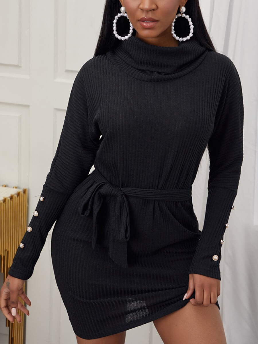 

Lovely Elegant Half A Turtleneck Bandage Nail Bead Design Black Mini Dress