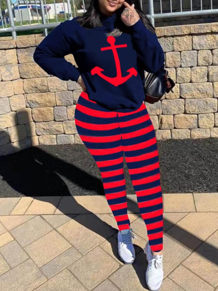 

Lovely Casual O Neck Striped Print Royalblue Two Piece Pants Set