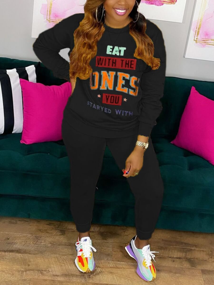 

Lovely Casual O Neck Letter Print Black Two Piece Pants Set