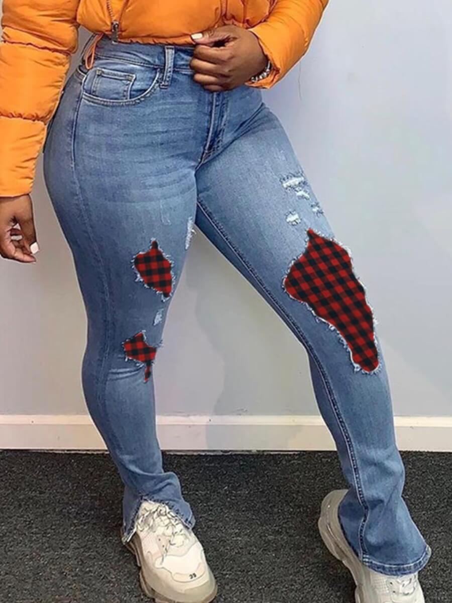 

Lovely Casual High-waisted Broken Holes Patchwork Blue Jeans