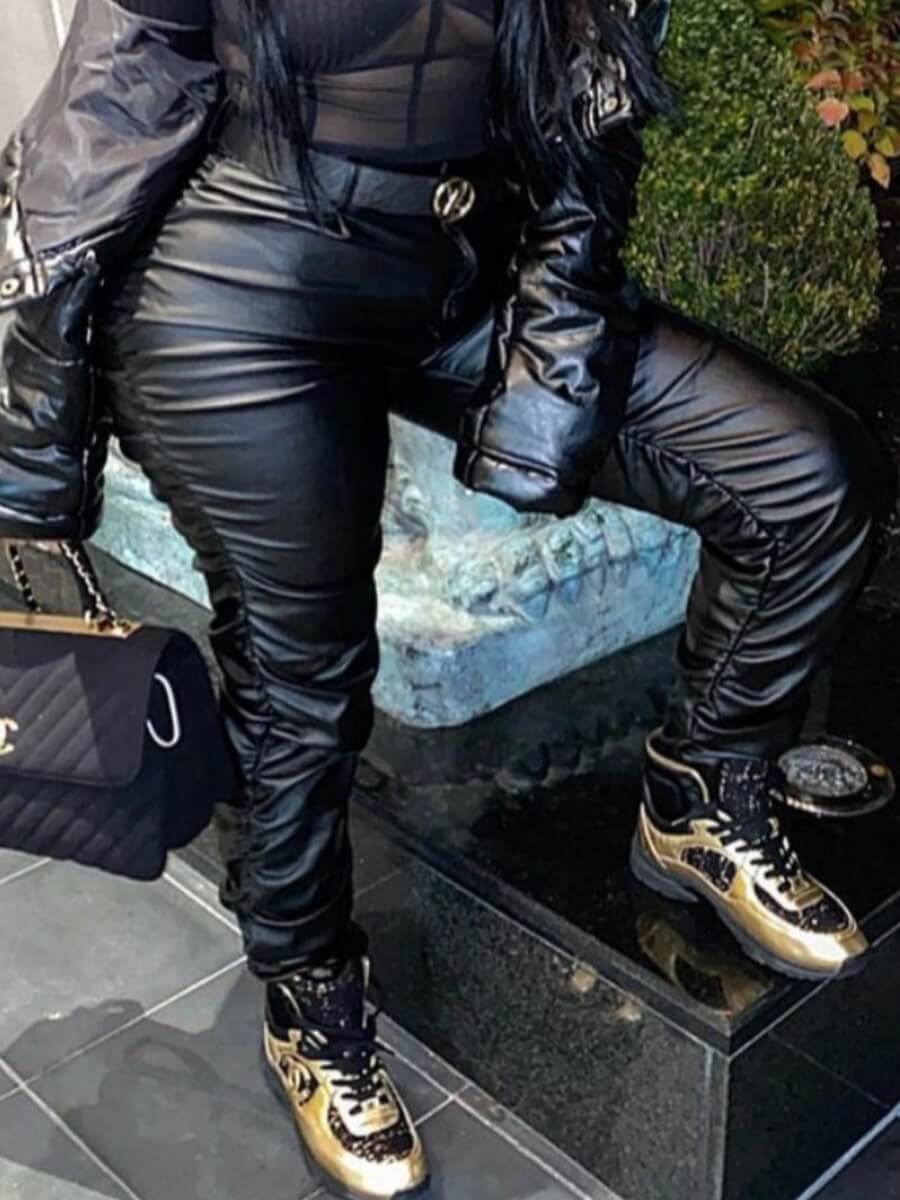 

Lovely Street Mid Waist Fold Design Black Pants