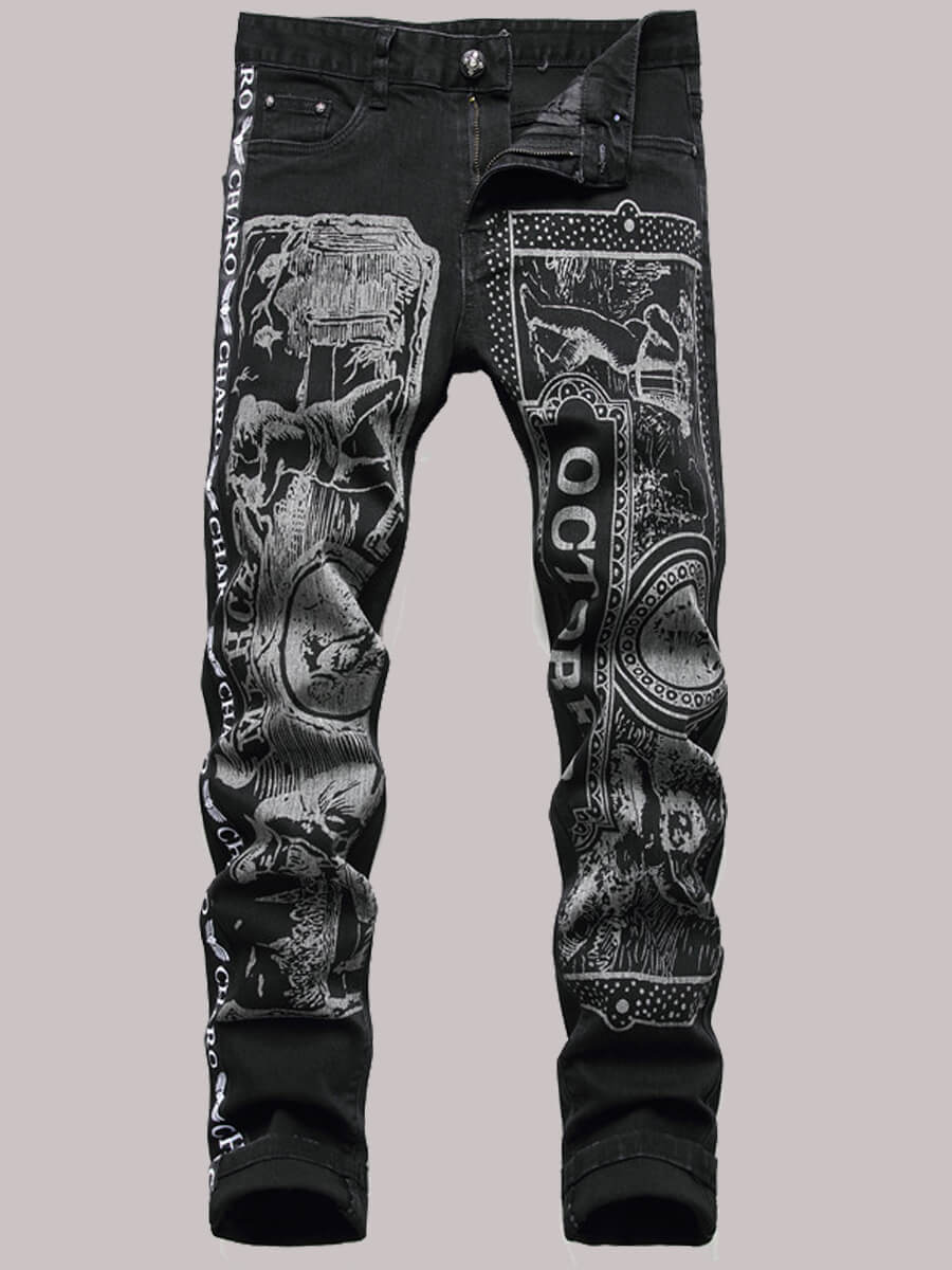 Lovely Casual Mid Waist Print Black Men Jeans