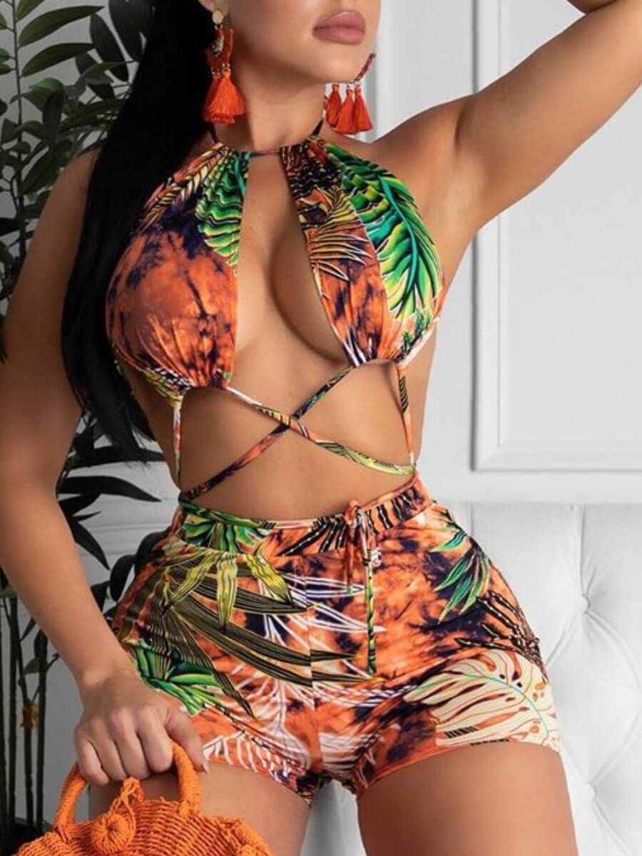 

Lovely Stylish Backless Leaf Print Hollow-out Multicolor Two-piece Swimsuit, Multi