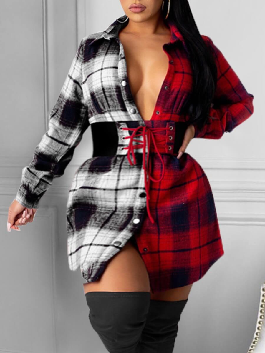 

Lovely Plus Size Stylish Turndown Collar Plaid Patchwork Bandage Design Red Mini Dress