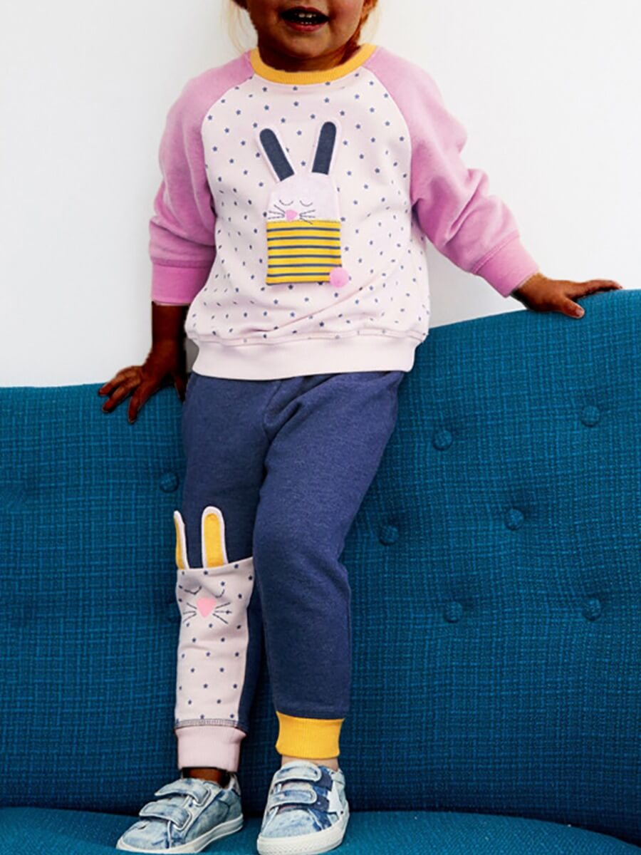 

Lovely Sweet O Neck Print Patchwork Purple Girl Two Piece Pants Set