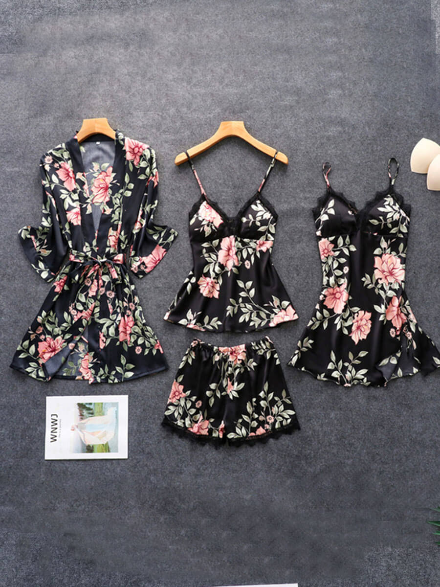 

Lovely Trendy Floral Print Lace Patchwork Black Sleepwear(Four-piece Set