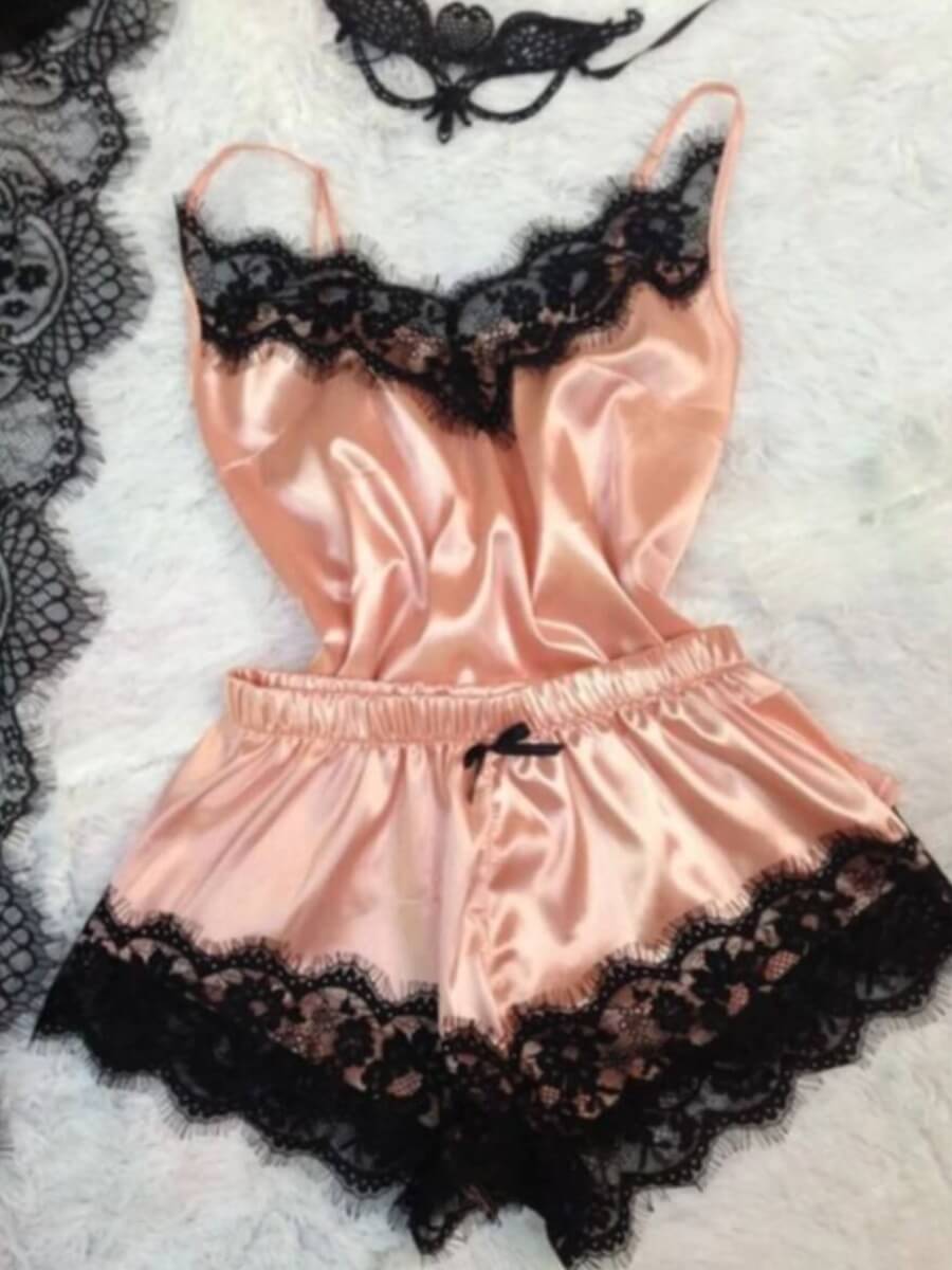 

Lovely Sexy Lace Patchwork Bow-tie Decoration Light Pink Sleepwear