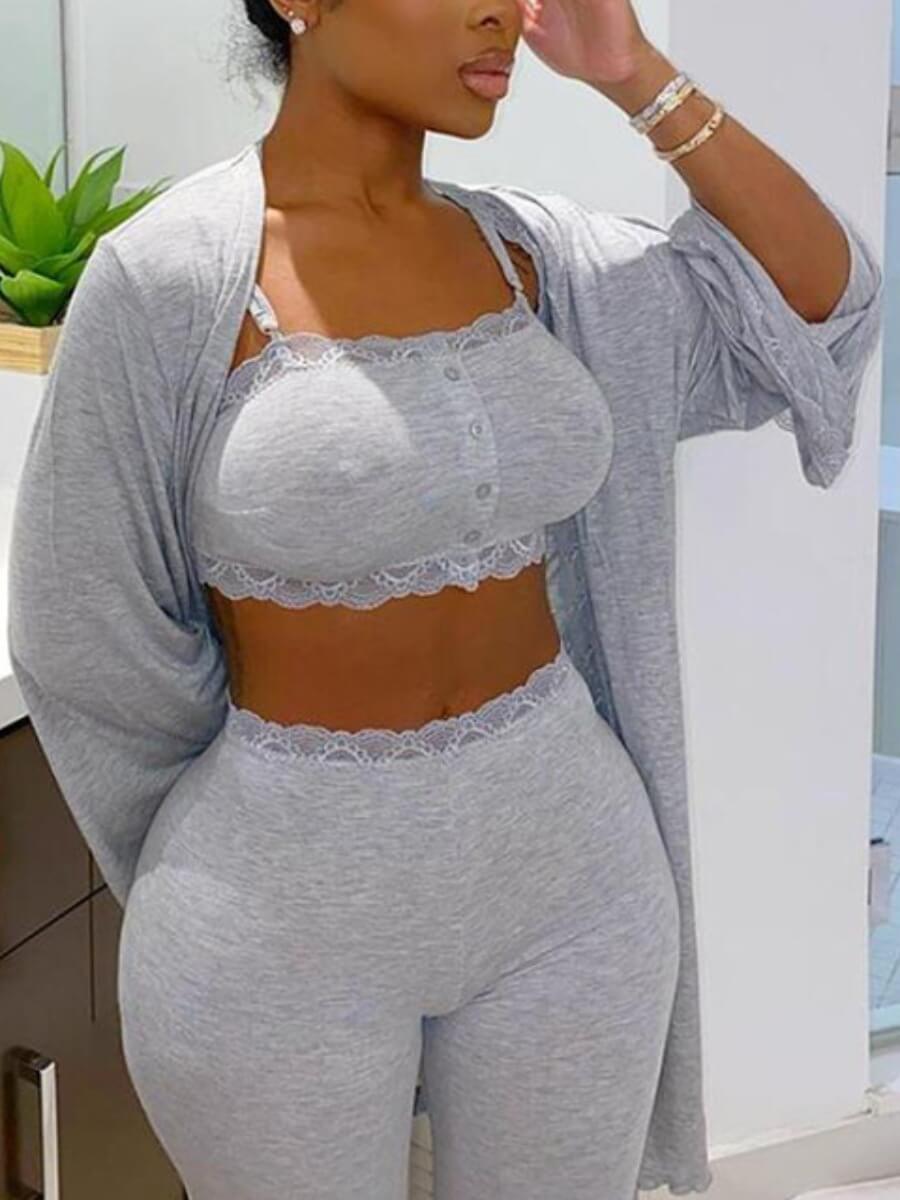 

Lovely Chic Button Design Lace Patchwork Grey Sleepwear