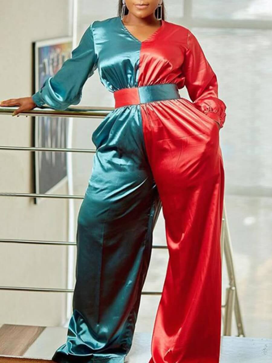 

Lovely Casual V Neck Patchwork Blue Plus Size One-piece Jumpsuit