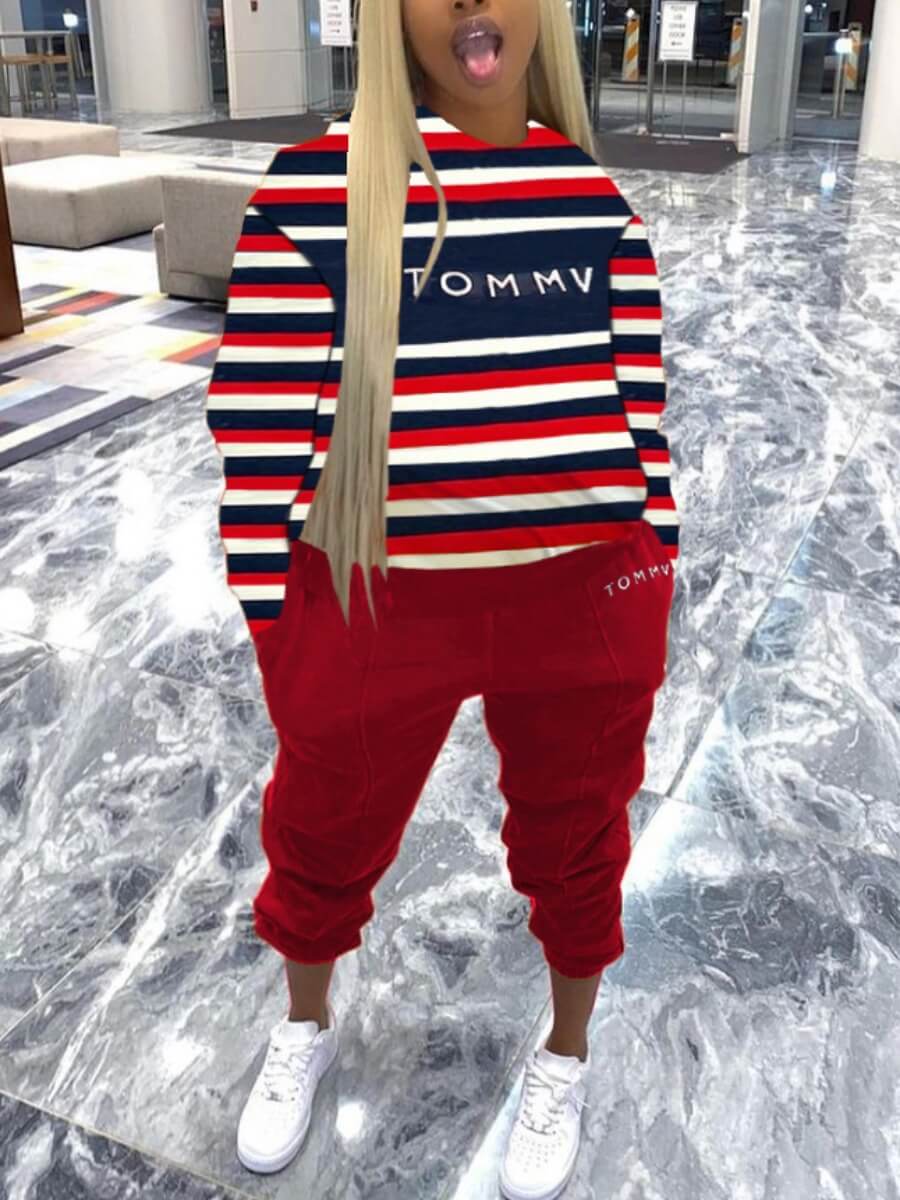 

Lovely Trendy Letter Print Striped Red Plus Size Two-piece Pants Set