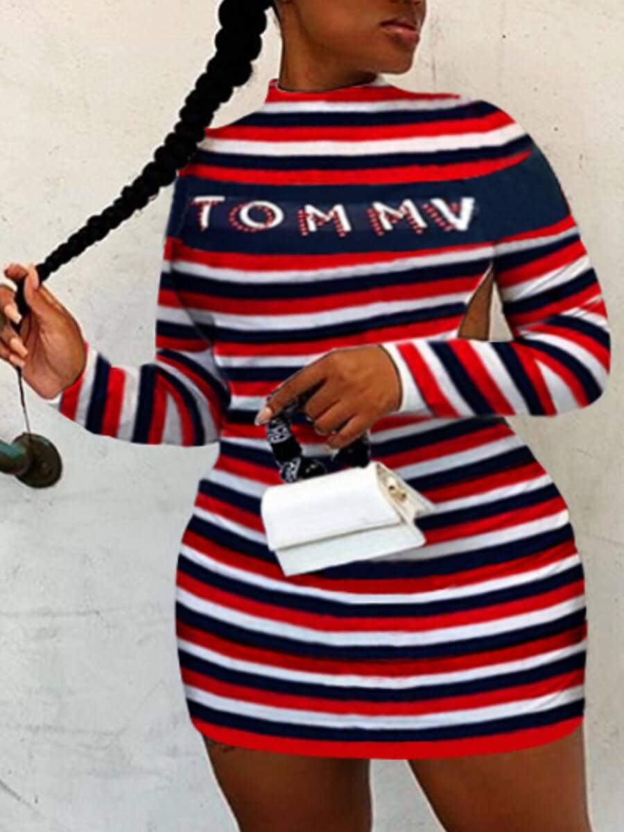 

Lovely Street Backless Letter Print Striped Red Mini Plus Size Dress