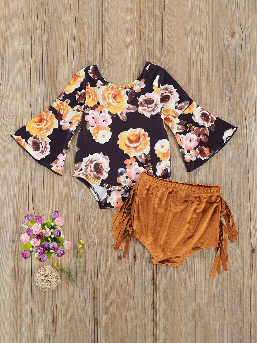 

LW Girl Sweet Flared Floral Print Tassel Design Brown Two Piece Shorts Set