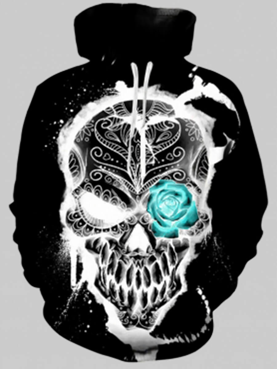 

Lovely Casual Skull Print Kangaroo Pocket Black Men Hoodie
