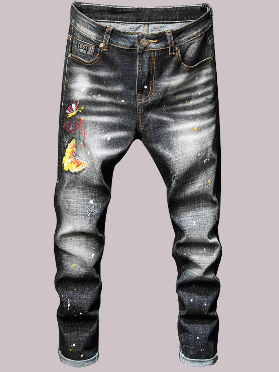 

Lovely Casual Tie-dye Butterfly Decoration Black Men Jeans, Blue