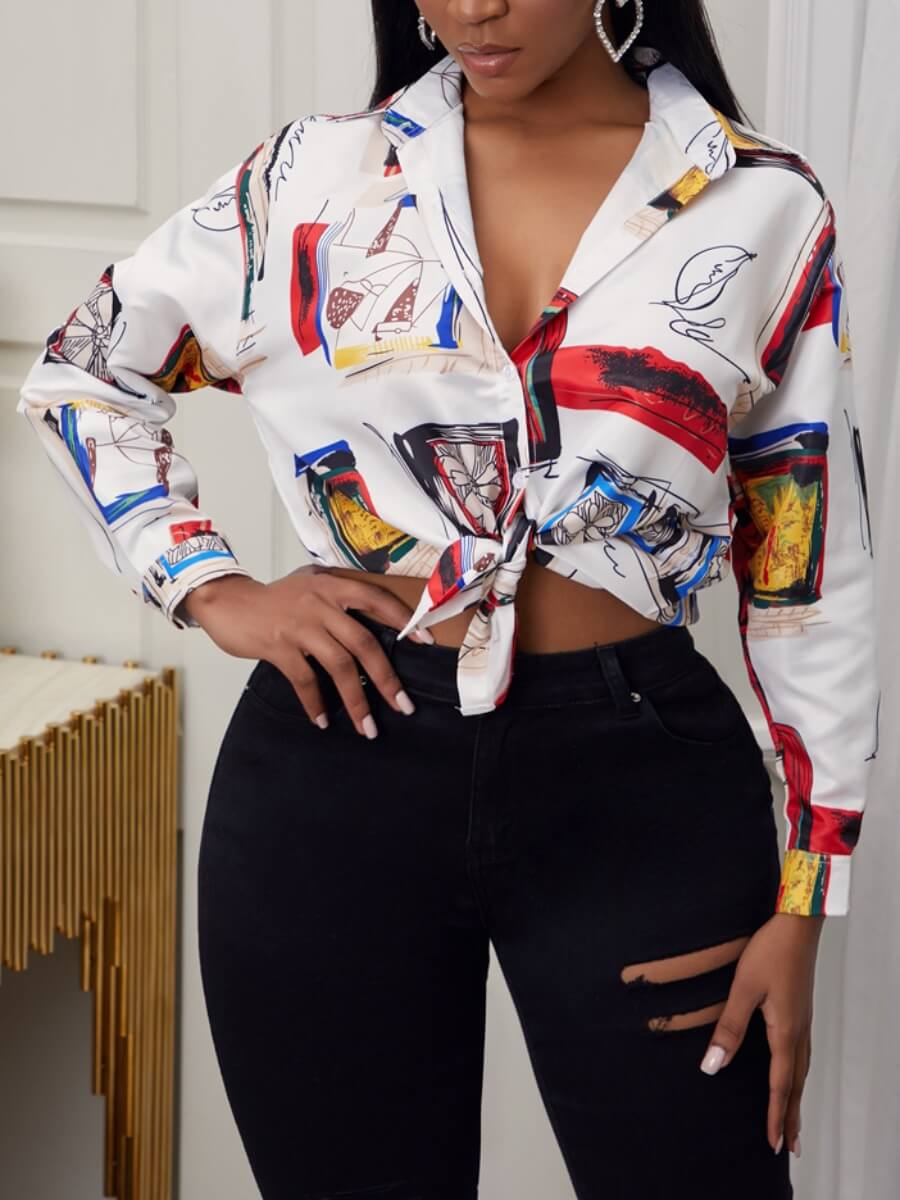 

Lovely Casual Turndown Collar Graffiti Print White Blouse