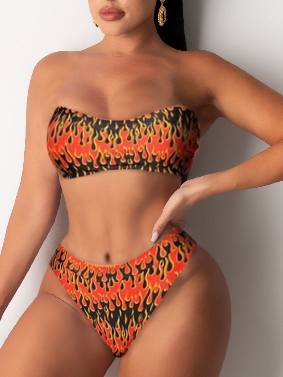 

Lovely Sexy Off The Shoulder Flame Print Jacinth Two-piece Swimsuit