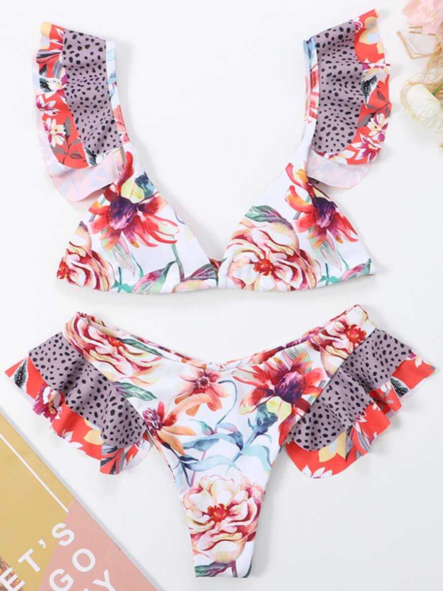 

Lovely Sexy Leopard Floral Print Flounce Design Red Two-piece Swimsuit