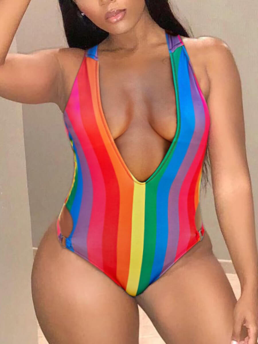 

Lovely Sexy Striped Metal Ring Decoration Hollow-out Multicolor Plus Size One-piece Swimsuit, Multi