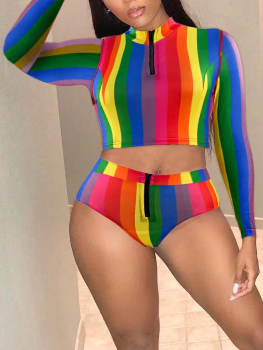 

Lovely Casual Striped Patchwork Multicolor Plus Size Tankini, Multi