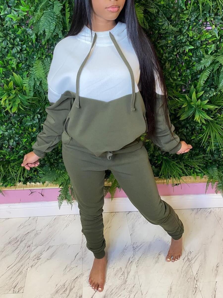 

Lovely Trendy Hooded Collar Dropped Shoulder Color-lump Green Two Piece Pants Set