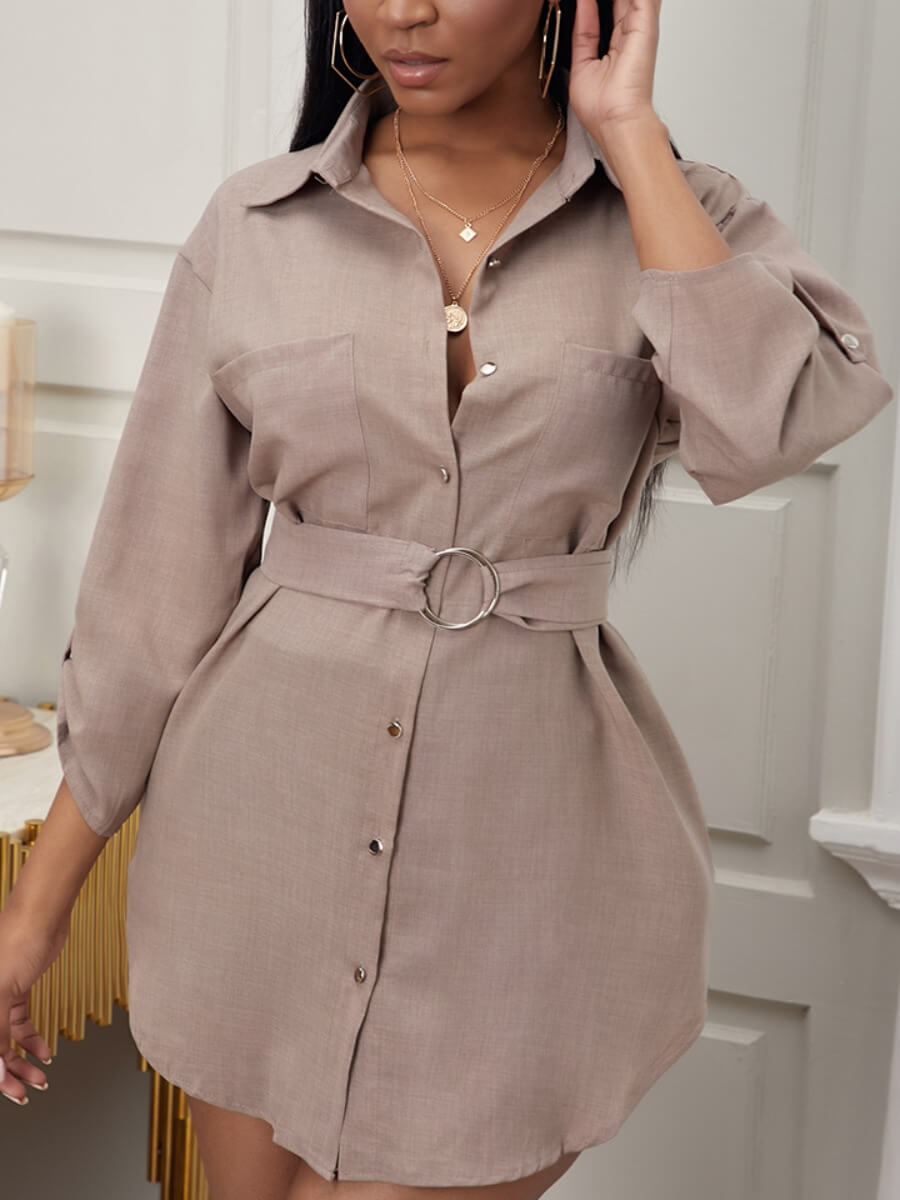 

Lovely Formal Pocket Design Metal Ring Decoration Asymmetrical Khaki Mini Dress
