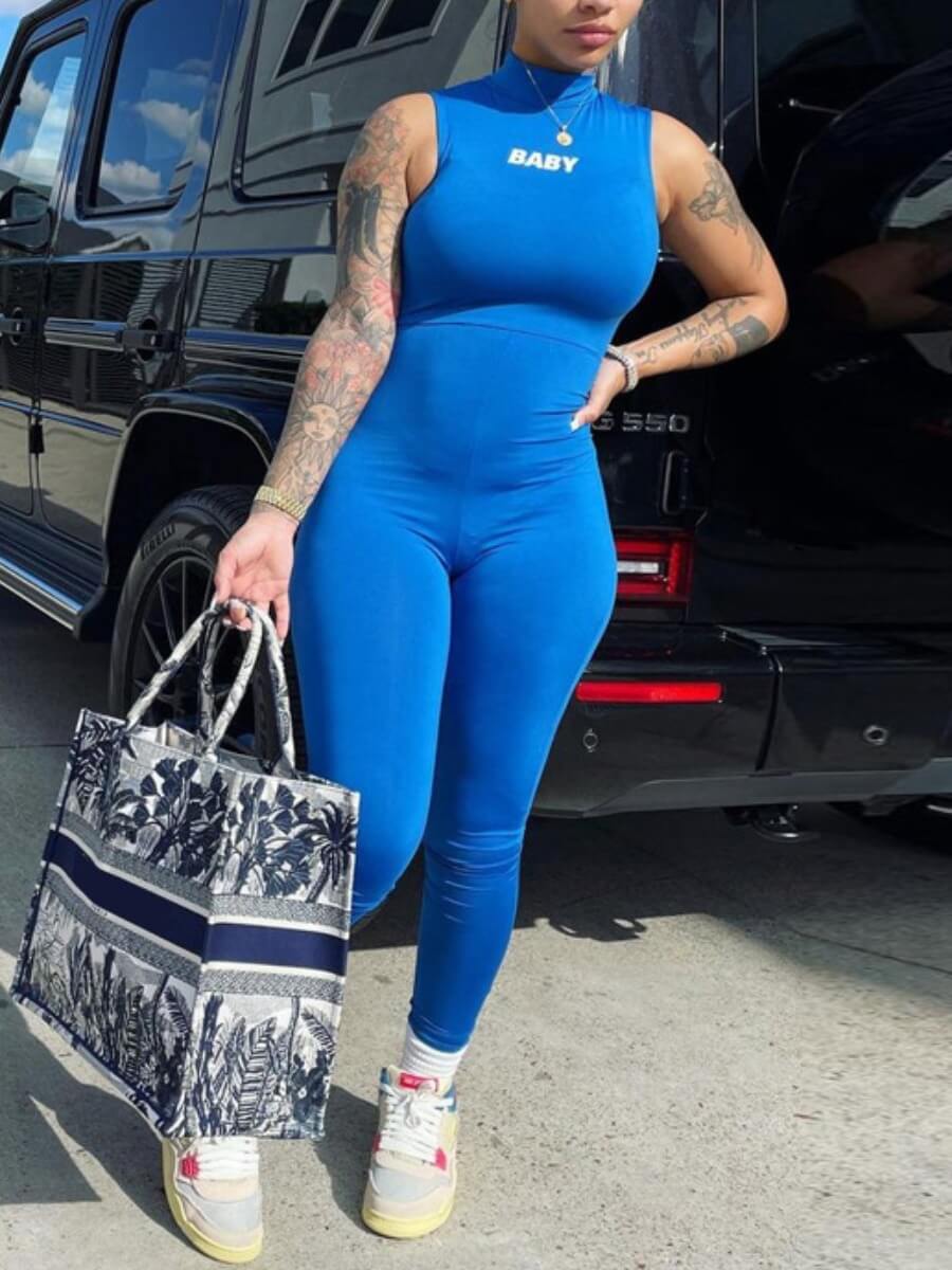 

Lovely Casual Turtleneck Tank Sleeveless Letter Print Blue One-piece Jumpsuit