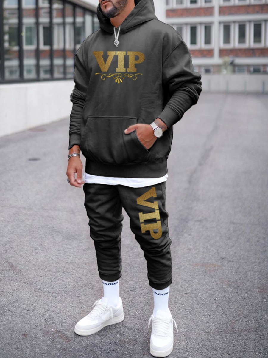 

LW Men Casual Hooded Collar Letter Print Black Two Piece Pants Set