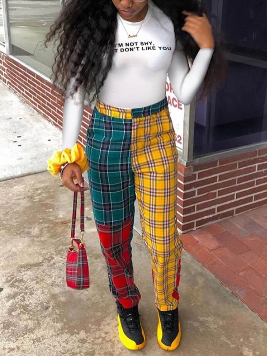 

Lovely Chic Plaid Letter Print Patchwork White Two Piece Pants Set