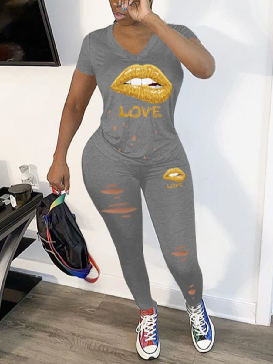 

Lovely Casual V Neck Lip Print Grey Two Piece Pants Set