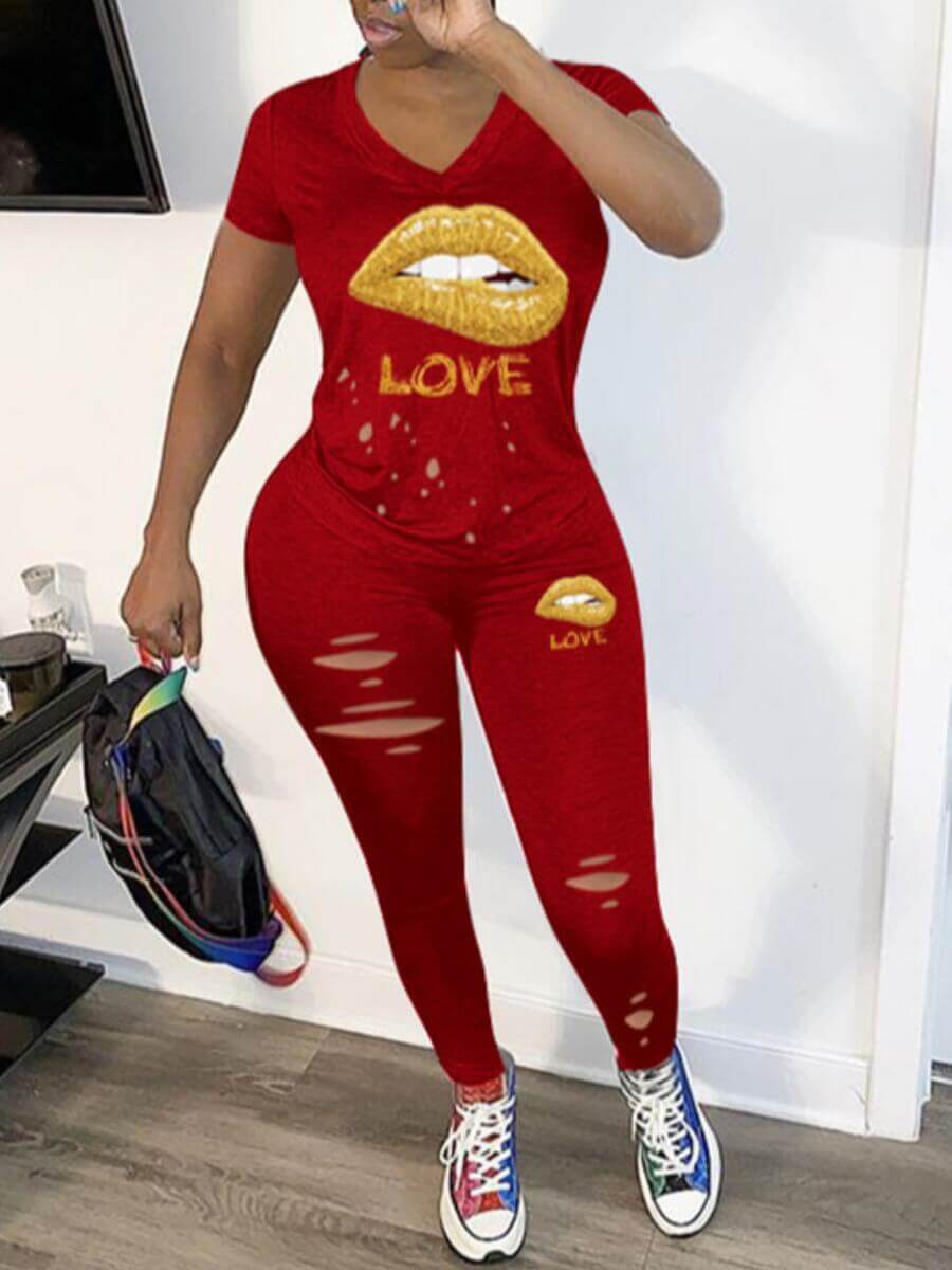 

LW Plus Size Chic Lip Letter Print Pants Set, Red