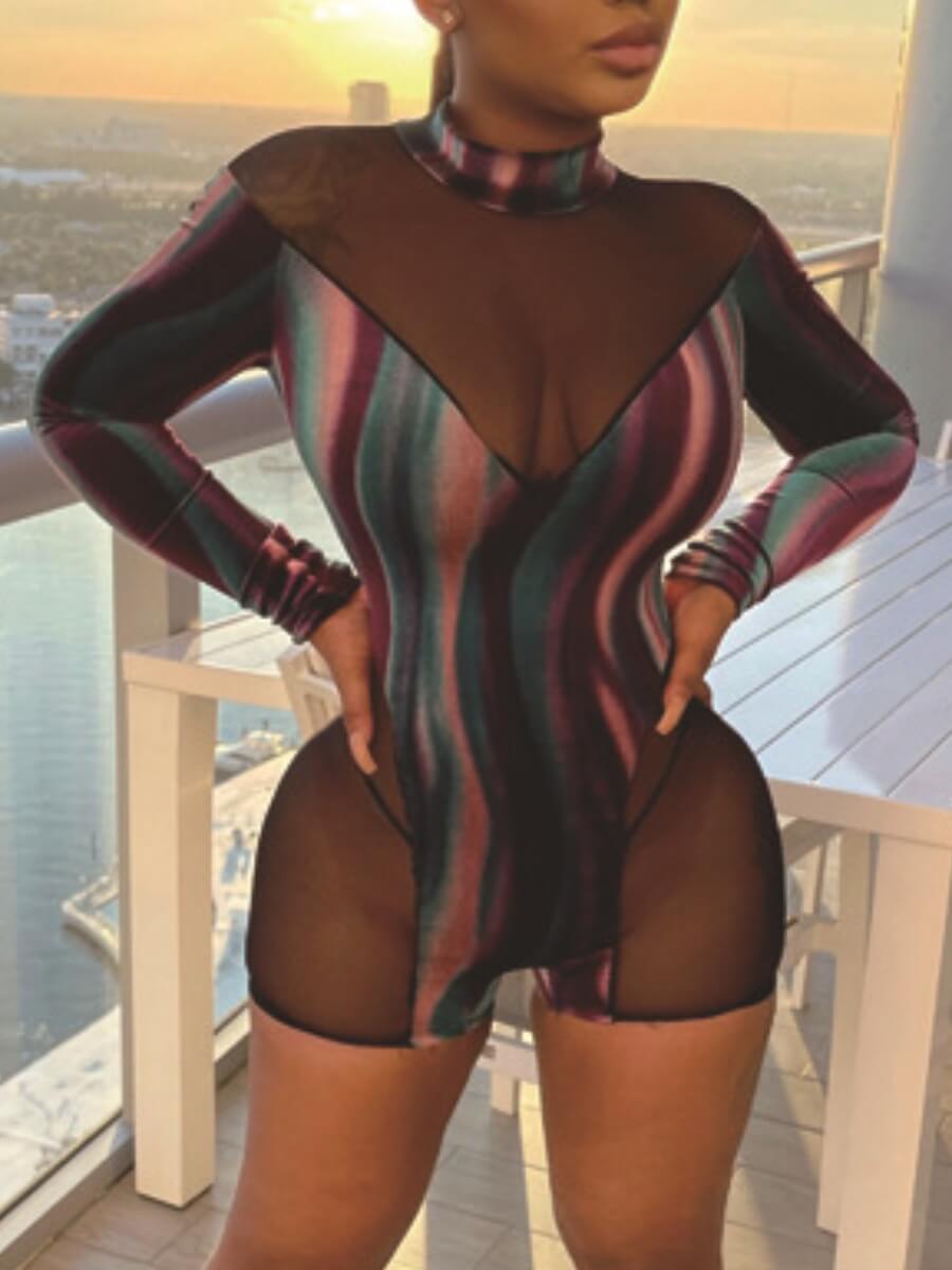 

Lovely Stylish Half A Turtleneck See-through Print Patchwork Multicolor One-piece Romper, Multi