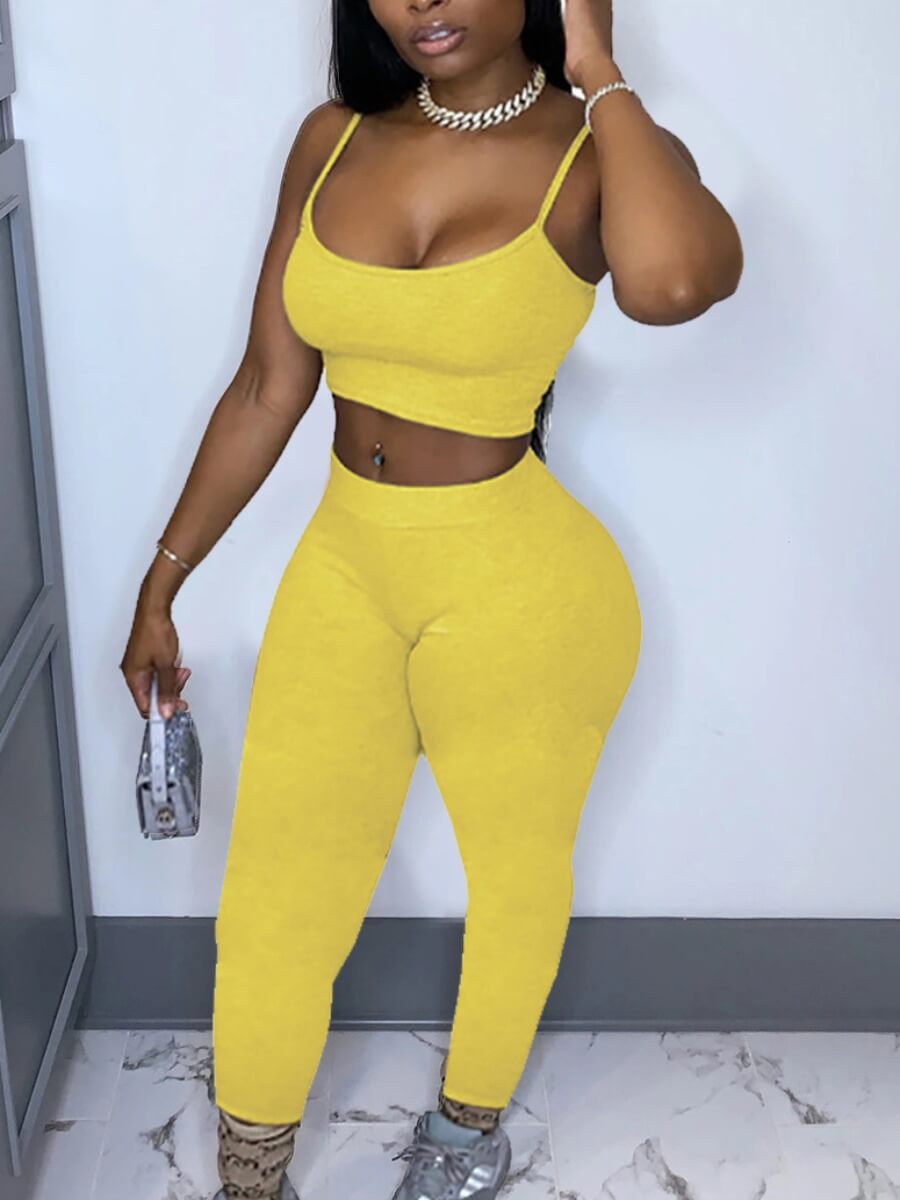 

Lovely Casual Spaghetti Strap Sleeveless Yellow Yoga Two Piece Pants Set