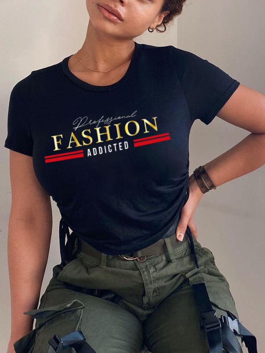 

Lovely Casual O Neck Letter Print Black T-shirt