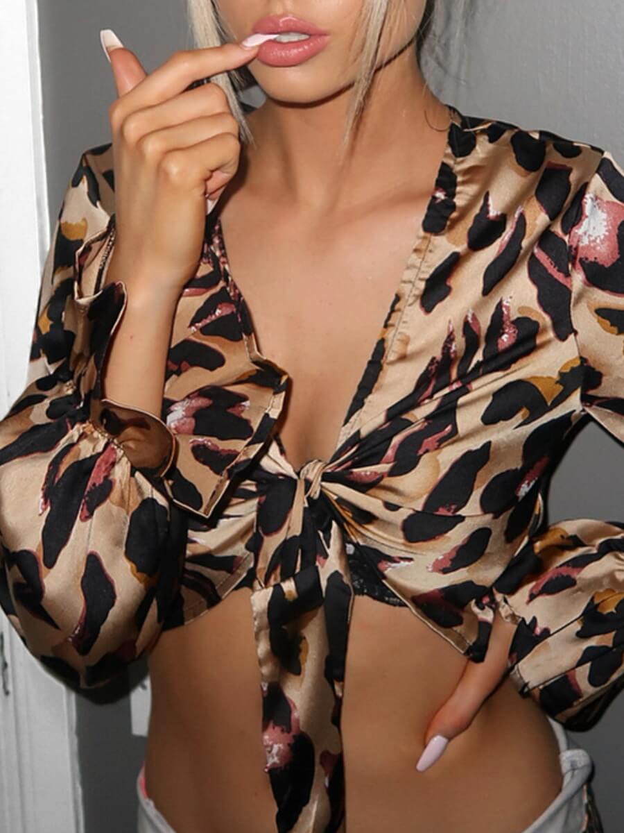 

Lovely Casual Leopard Print Ruffle Bandage Design Blouse