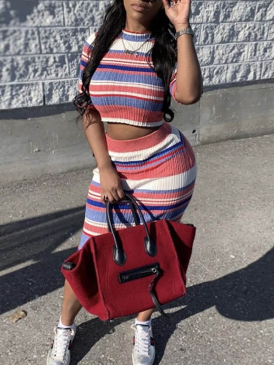 

Lovely Casual Striped Patchwork Purple Two Piece Skirt Set