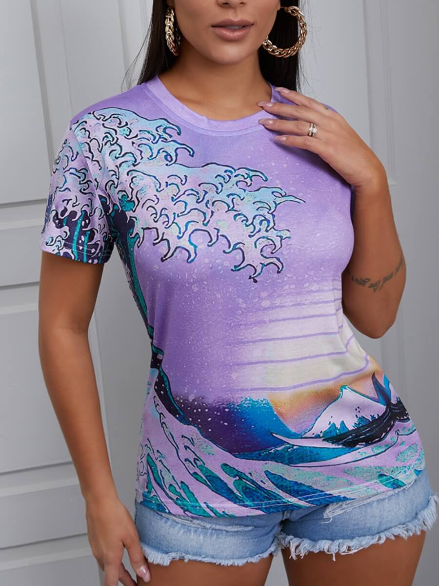 

Lovely Casual O Neck Tie-dye Purple T-shirt